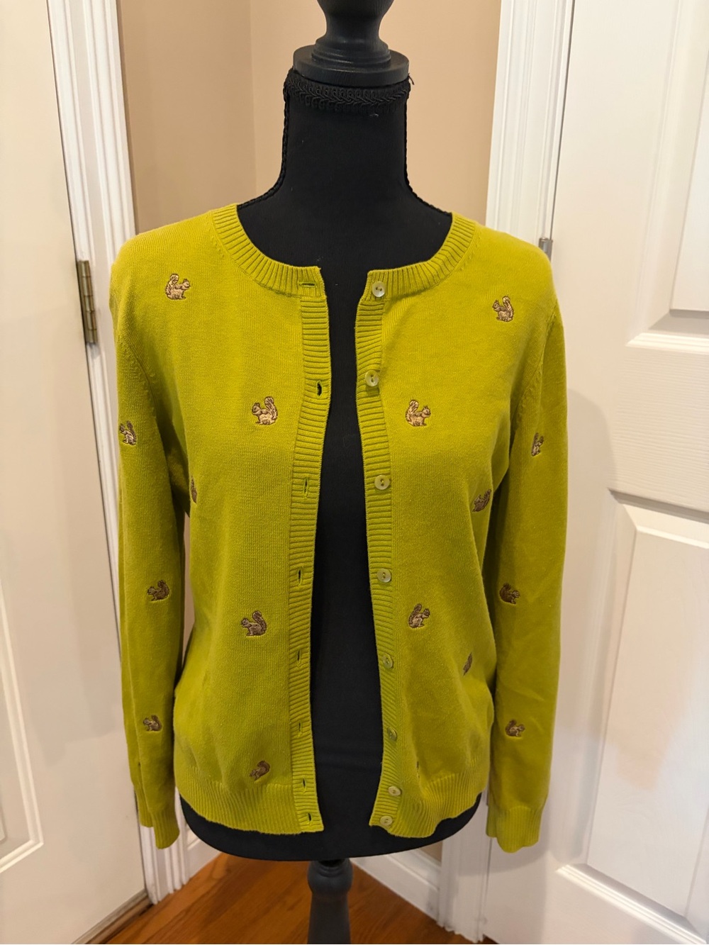 david brooks Chartreuse Squirrel Embroidered Crewneck Cardigan
